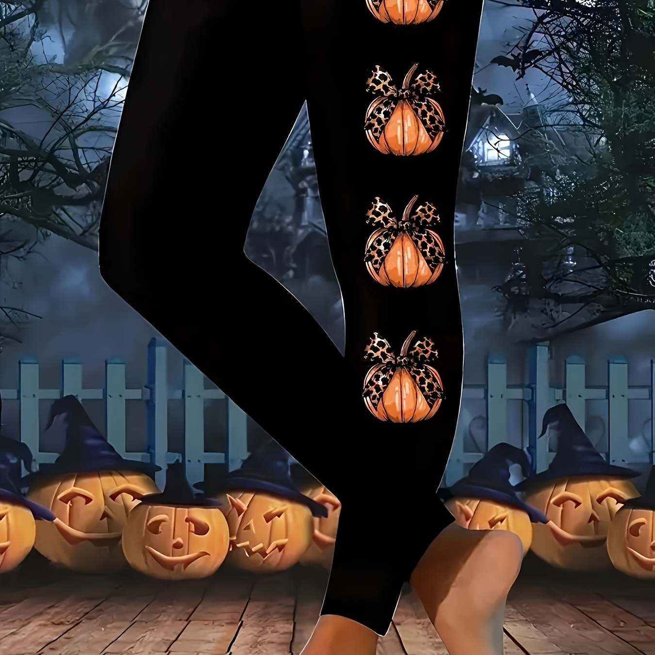 

Plus Size Pumpkin Print Skinny Leggings, Casual Stretchy Leggings, Women's Plus Size Clothing