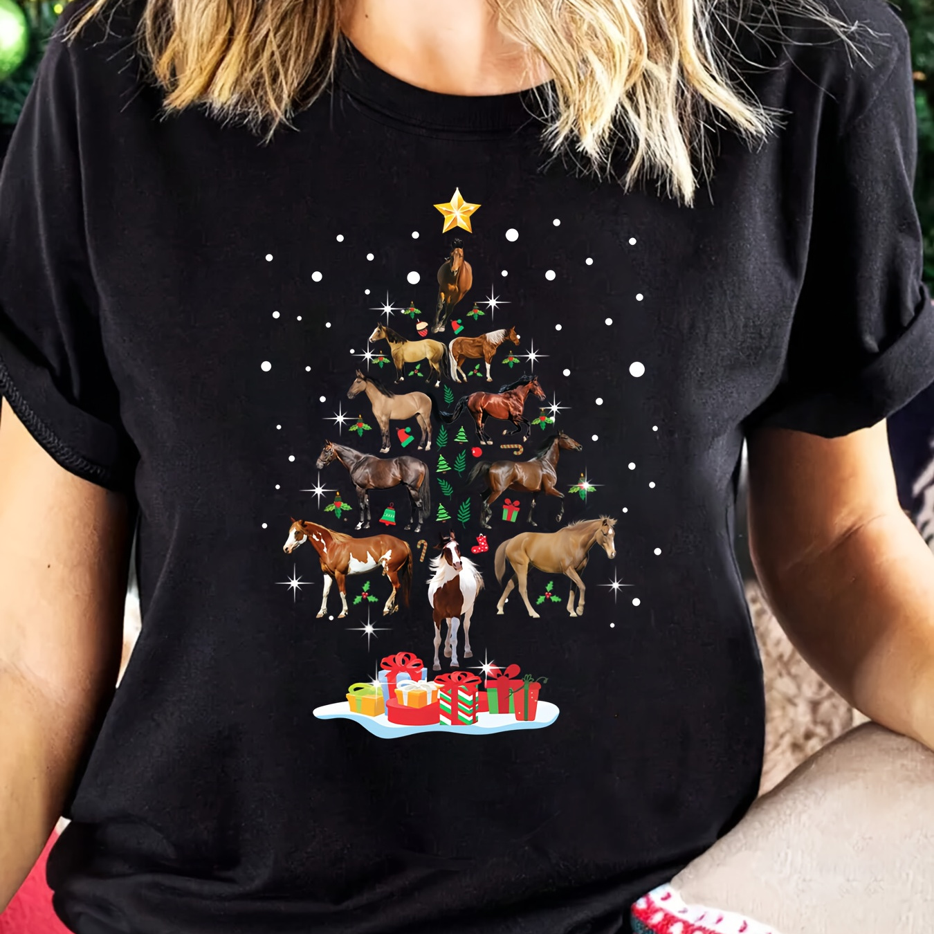 

1pc Women' Christmas Tree Print T-shirt - Casual Crew Neck Short Sleeve Top, Polyester Knit Fabric With Stretch, Regular Length, Wear