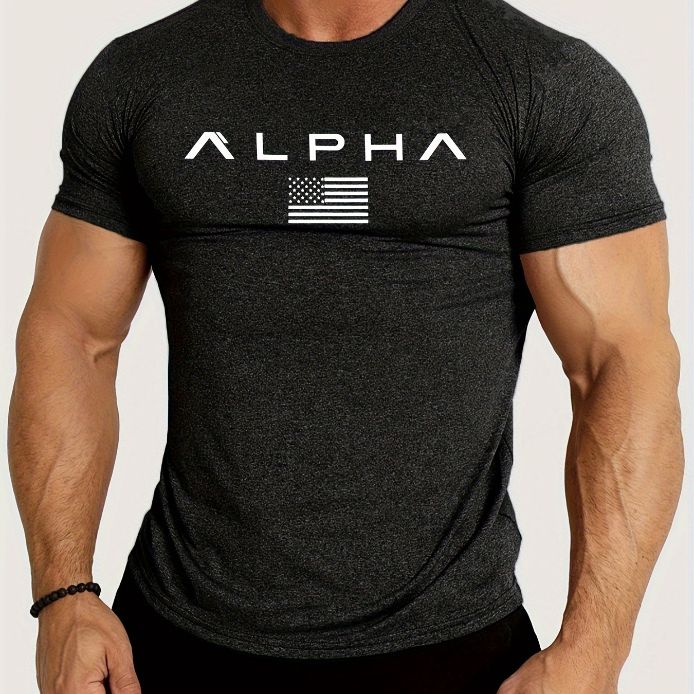 

American Flag And Alpha Print Comfortable Versatile Men's Short Sleeve Top, Crew Neck Fashionable Short Sleeve Sports T-shirt, For Summer And Spring, Athletic Style, Comfort Fit T-shirt, As Gifts