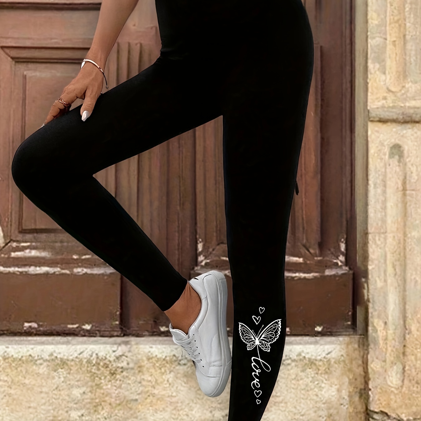 

Women's High Waist Black Leggings With Graphic - Casual, Stretchy Polyester-spandex , Machine Washable, For All