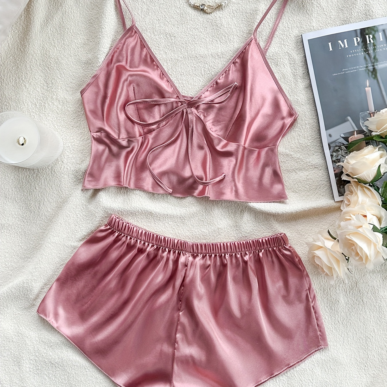 

Women's Sexy Solid Satin Pajama Set, Tie Front V Neck Backless Crop Cami Top & Mini Shorts, Comfortable Relaxed Fit, Summer Nightwear