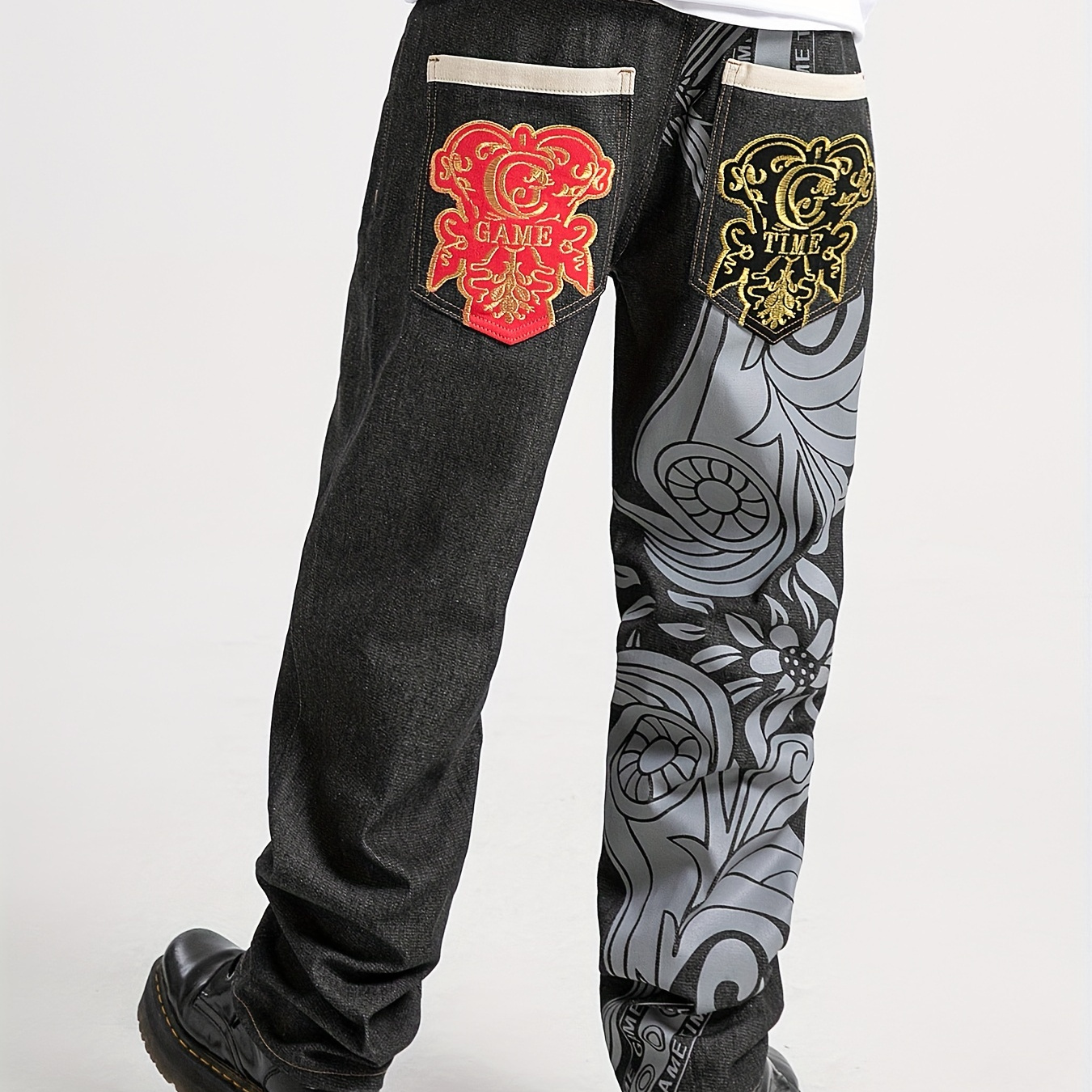 

Men's -leg Skateboard Jeans With Graffiti Embroidery - Cotton , Non-stretch Denim For Hip-hop Street Dance, Machine Washable