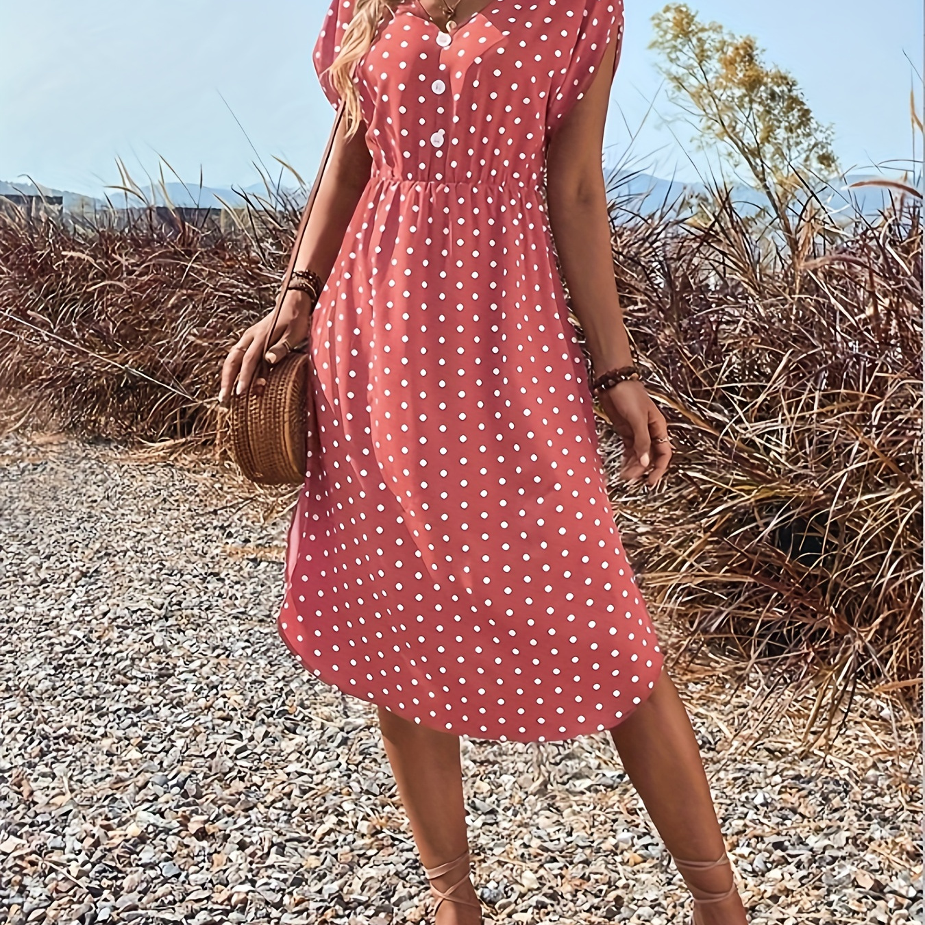 

Polka-dot Print V-neck Dress, Vintage Button Front Short Sleeve Dress For Spring & Summer, Women's Clothing