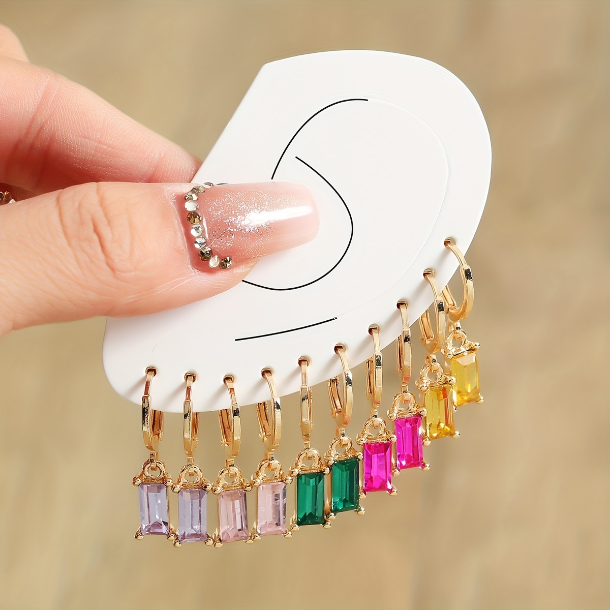 

5 Pairs Of Colorful Square Rhinestone Decor Dangle Earrings Minimalist Vocational Style Exquisite Female Gift Daily Casual