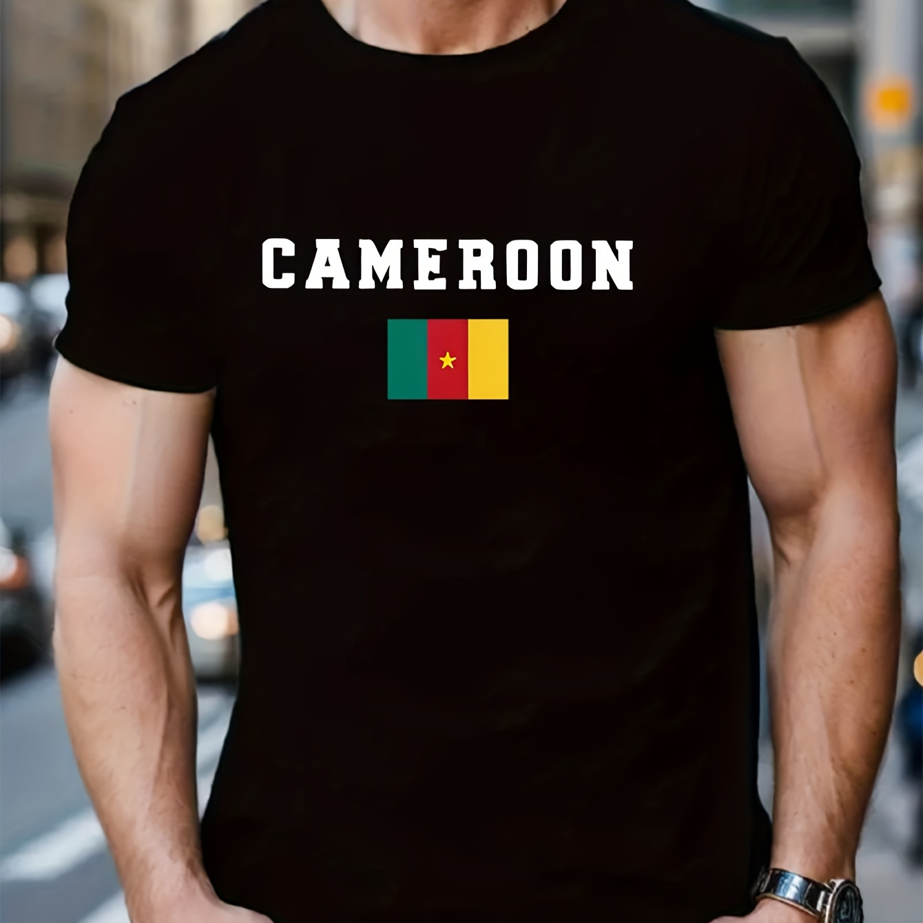 

Flag Of Cameroon Print Men's Fashion Comfy Breathable T-shirt, New Casual Round Neck Short Sleeve Tee For Spring Summer Men's Clothing