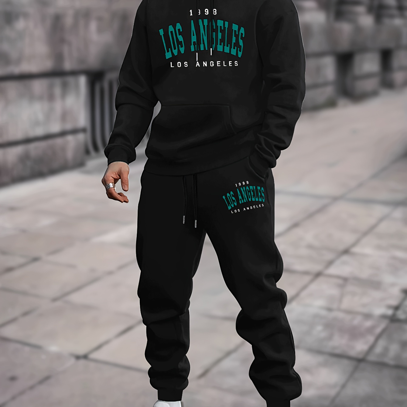 

Los Angeles Print Men's Casual Hoodie And Matching Sweatpants Set, 2pcs Loose Comfy Outfit