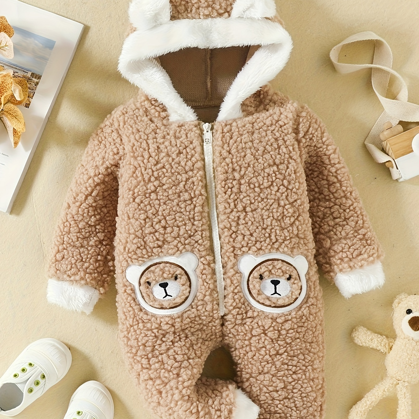 

Super Cute Furry Bear Embroidered Zip Up Hooded Baby's Jumpsuit With Ears