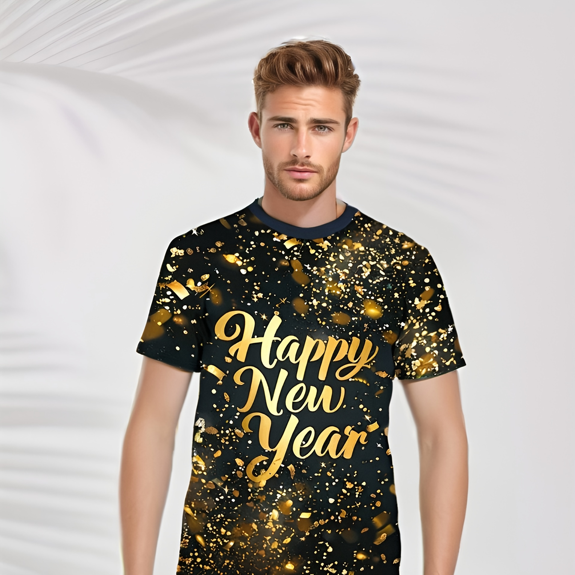 

1pc Men's Casual Crew Neck T-shirt With 3d Golden Happy New Year Print, Knit Polyester Fabric With Slight Stretch, Regular Fit Short Sleeve Top