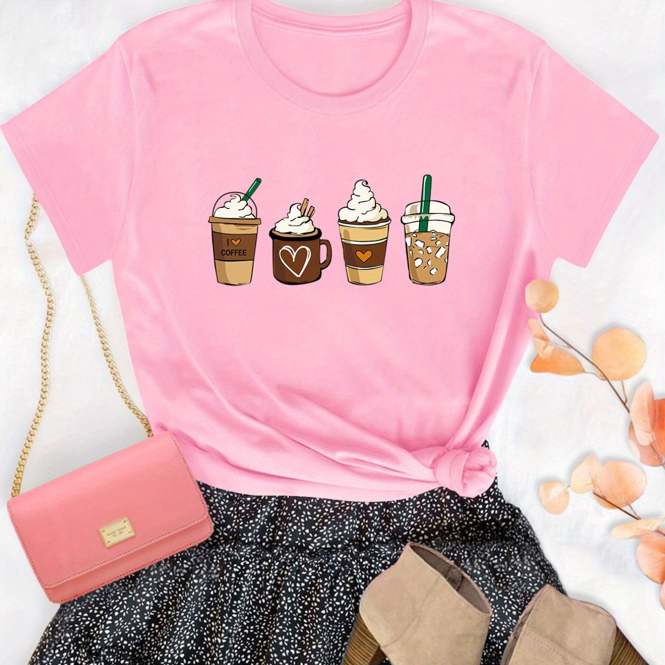 Coffee Print T-Shirt, Crew Neck Short Sleeve T-Shirt, Casual Every Day Tops, Women's Clothing