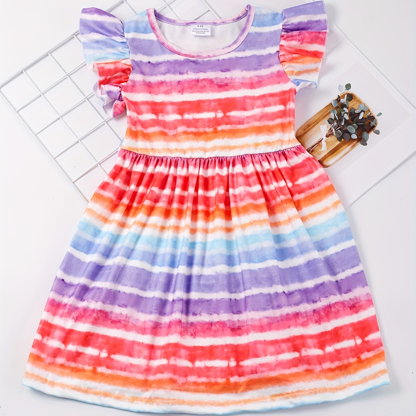 

Toddler Girls Ruffle Trim Colorful Tie Dye Graphic Princess Dress For Party Beach Vacation Kids Summer Clothes