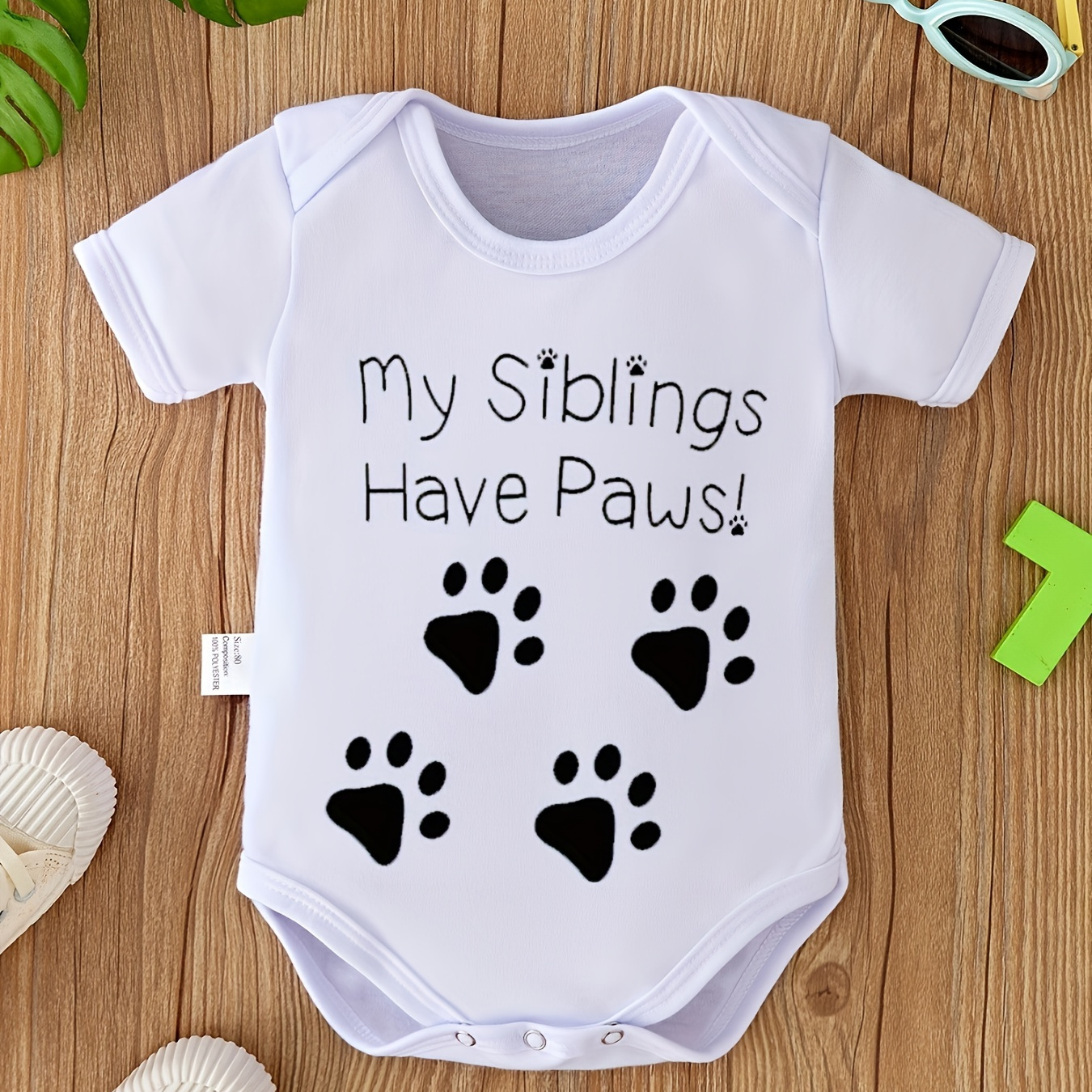 

My Siblings Have Paws " Pattern & Letter Print Baby Triangle Romper, Newborn Baby Bodysuit Soft Comfortable Pregnancy Gift