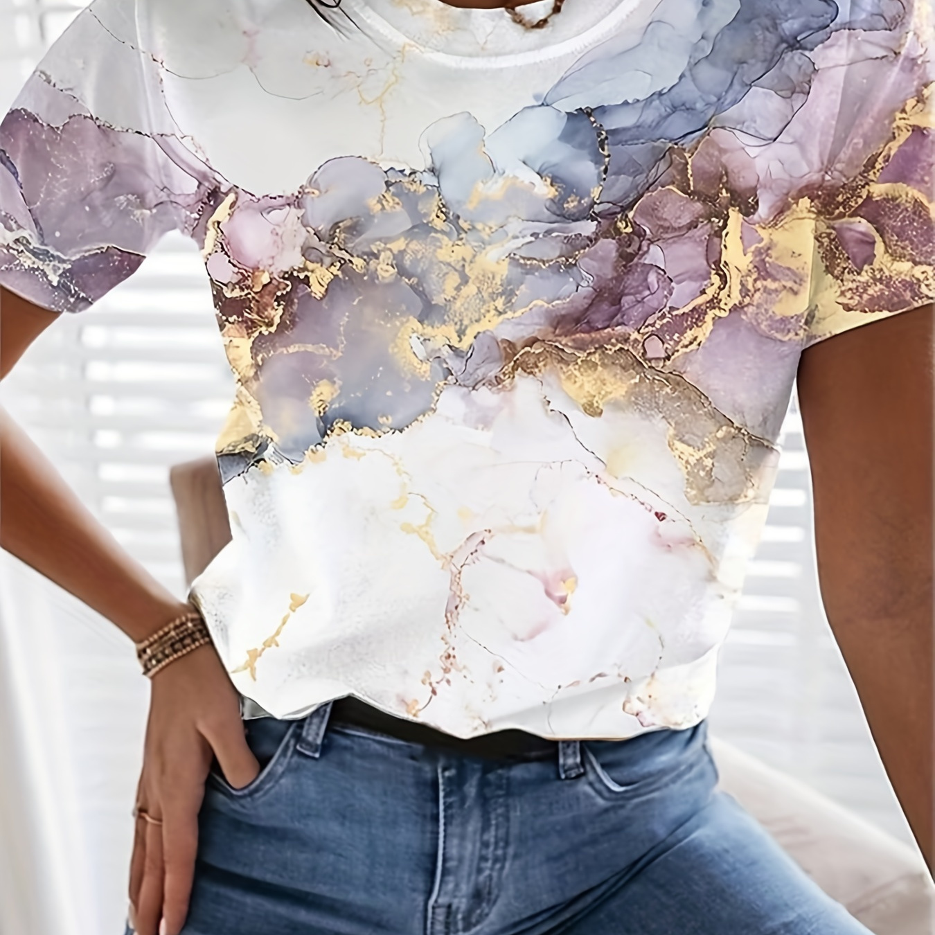 

Plus Size Casual T-shirt, Women's Plus Gradient Marble Print Short Sleeve Round Neck Slight Stretch T-shirt