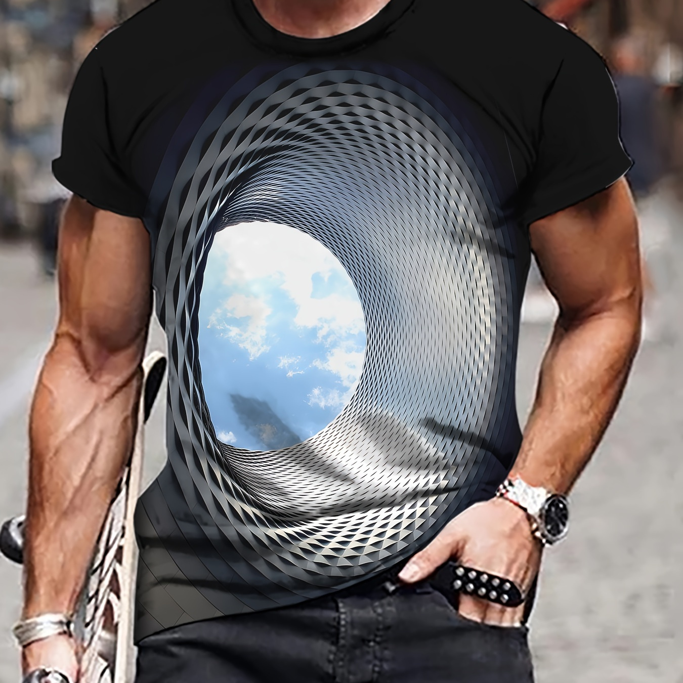 

Men's Geometric Graphic Print T-shirt, Short Sleeve Crew Neck Tee, Men's Clothing For Summer Outdoor