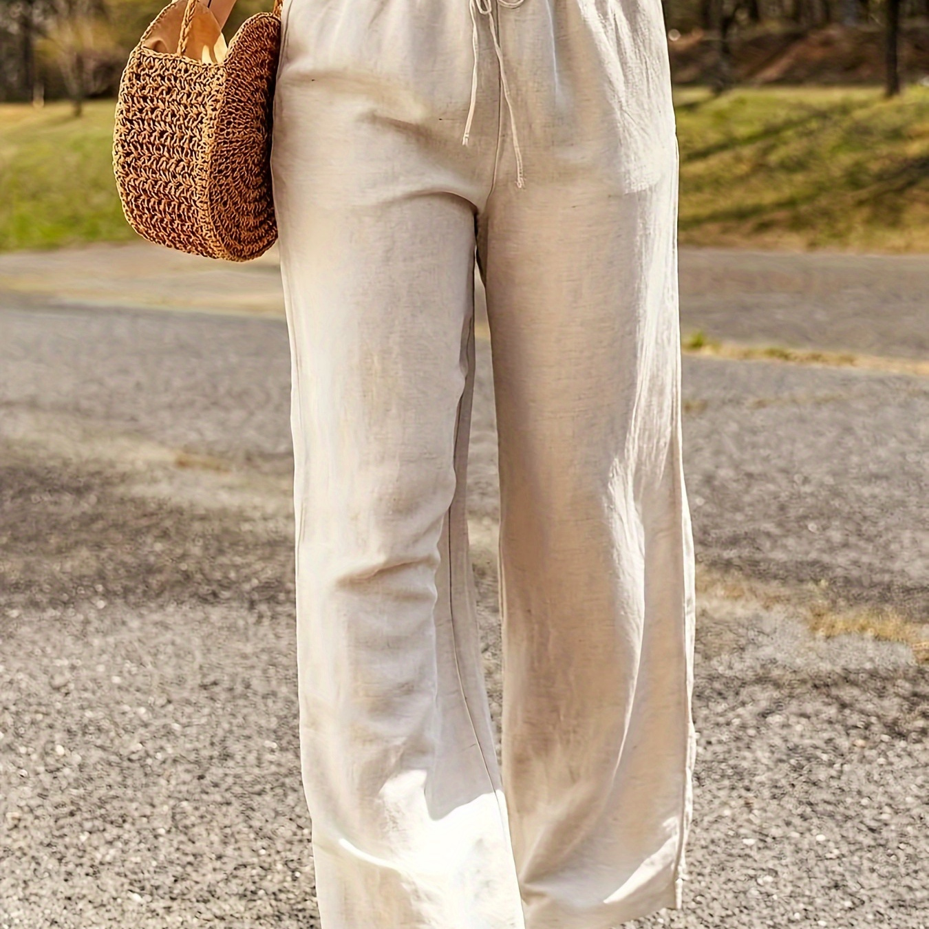 

Solid Color Wide Leg Pants, Casual Drawstring Waist Loose Pants For Spring & Summer, Women's Clothing