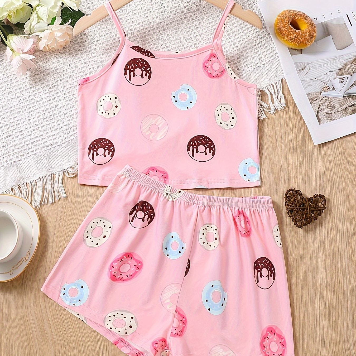 

Girls 2pcs Cute Donut Pattern Print Summer Loungewear, Cami Crop Top & Short Set, Sweet Pattern Comfy Pj Set, Kid's Cozy Sleepwear Outfit