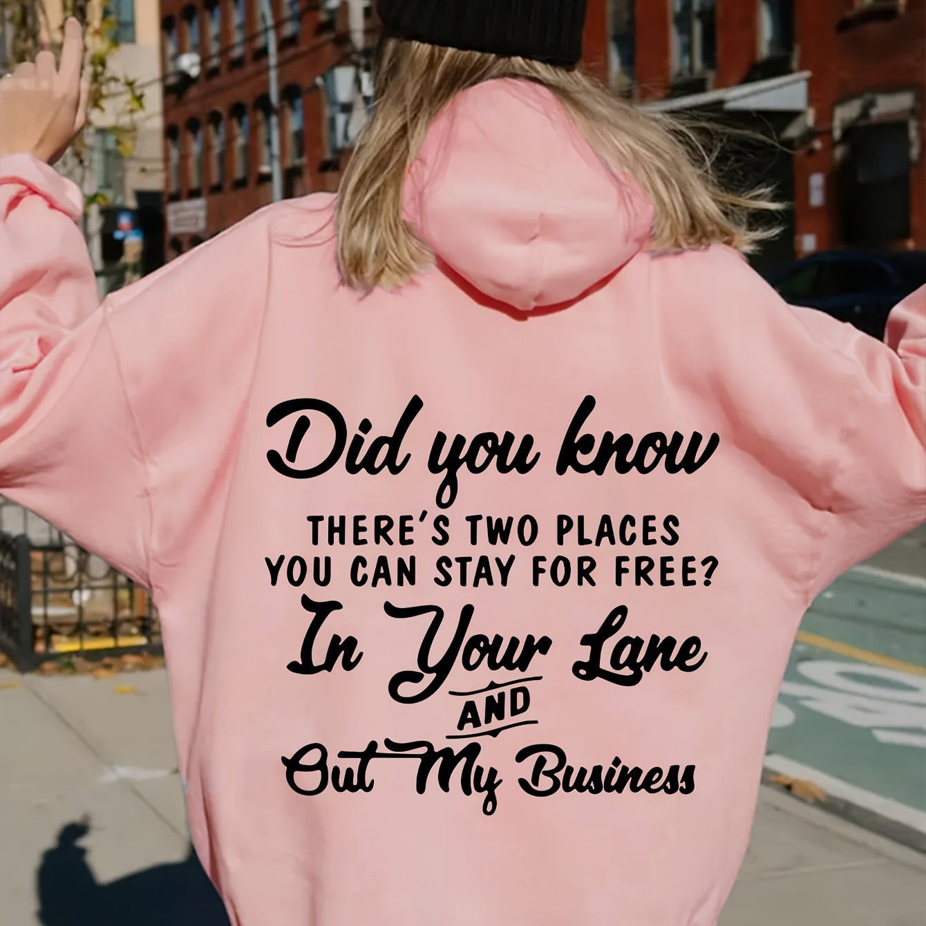 

Women's Plus Size Hoodie, Casual Polyester Pullover With Letter Print, Fashionable Street Style, Fall/winter, With Pockets, Knit Fabric, Pullover Sweatshirt
