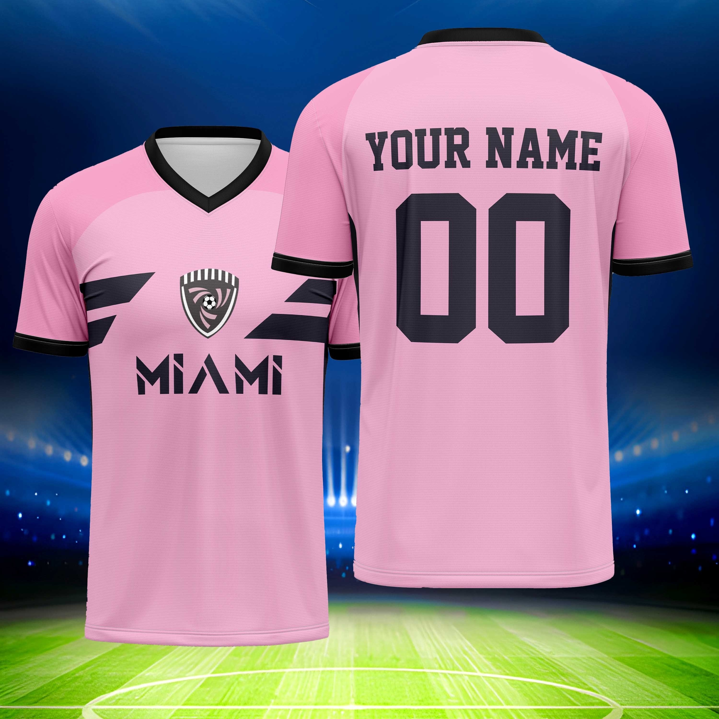 

Customizable Miami Soccer Jersey, Polyester V-neck Sports Shirt, Breathable & Fit, With Personalized Name & Number, For Men, Team Club Training & Casual Wear, Outdoor Activities