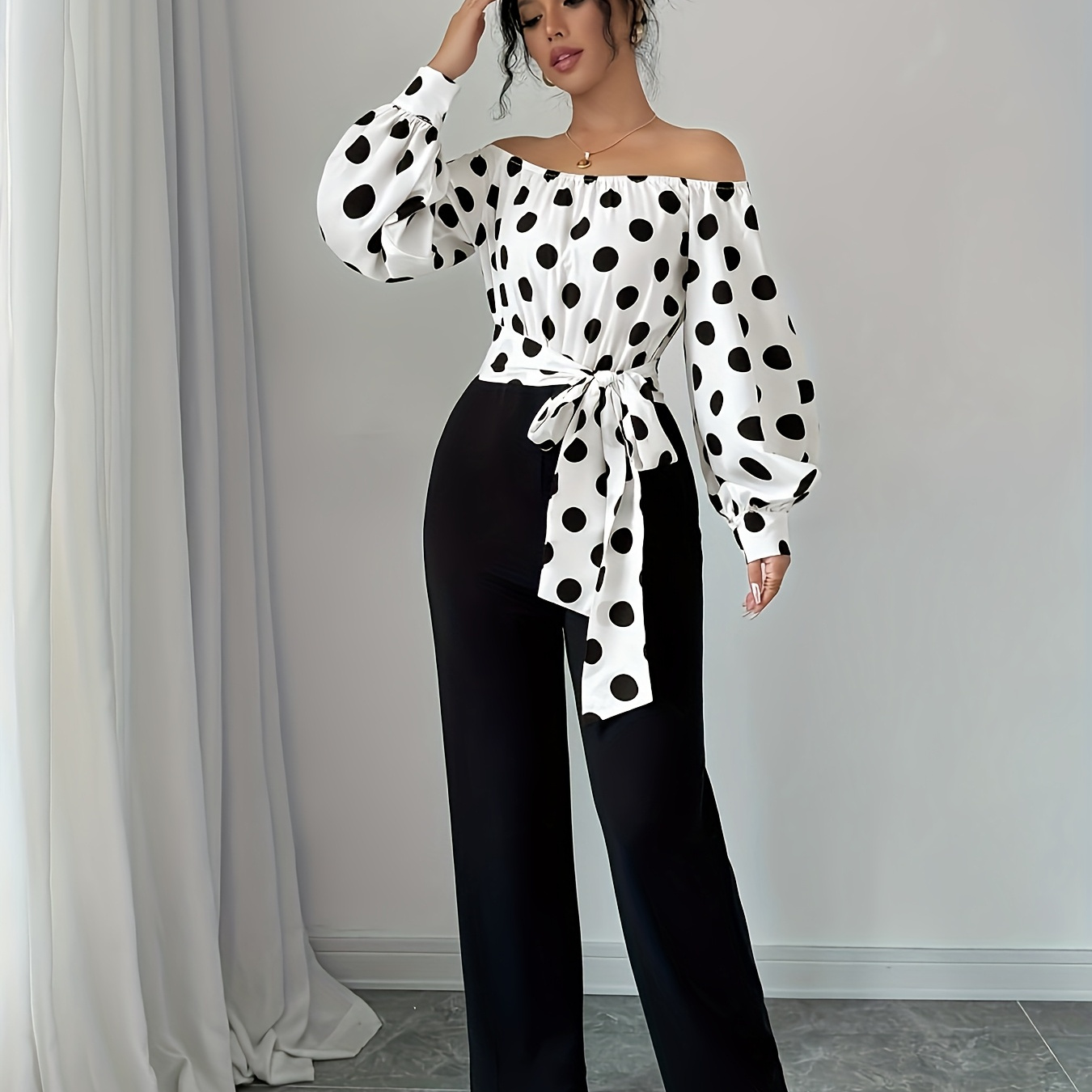 

Women's Off Shoulder Polka Long Sleeve Jumpsuit, Polyester Unitard With Belt, All Season, Adult