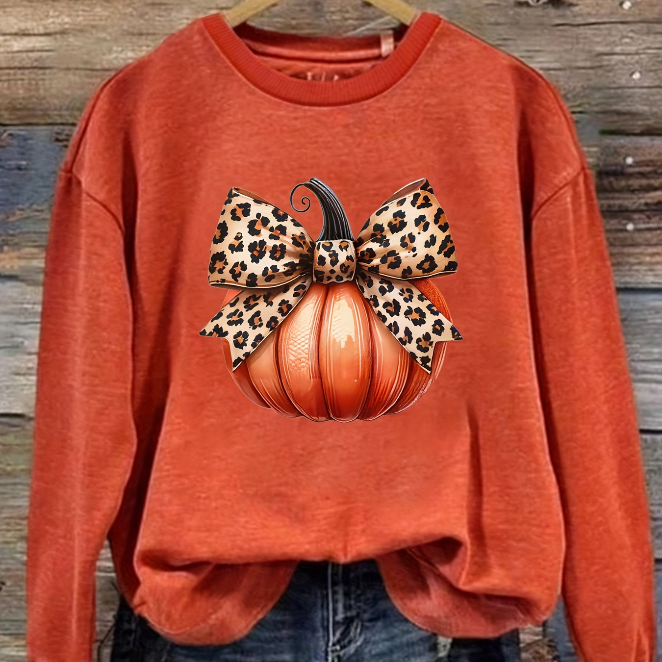 

Festive Pumpkin Bow Print Sweatshirt - Women's Casual Long Sleeve Round Neck Top - Fall/winter Collection - Polyester Material