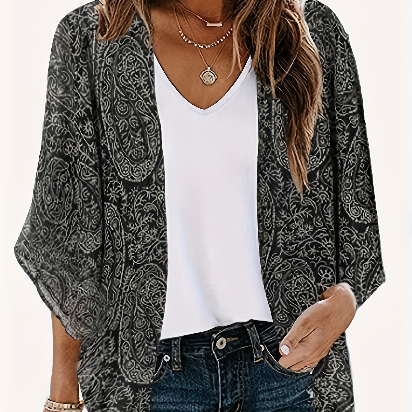 

Paisley Print Open Front Blouse, Vintage Half Sleeve Cover Up Blouse For Spring & Fall, Women's Clothing