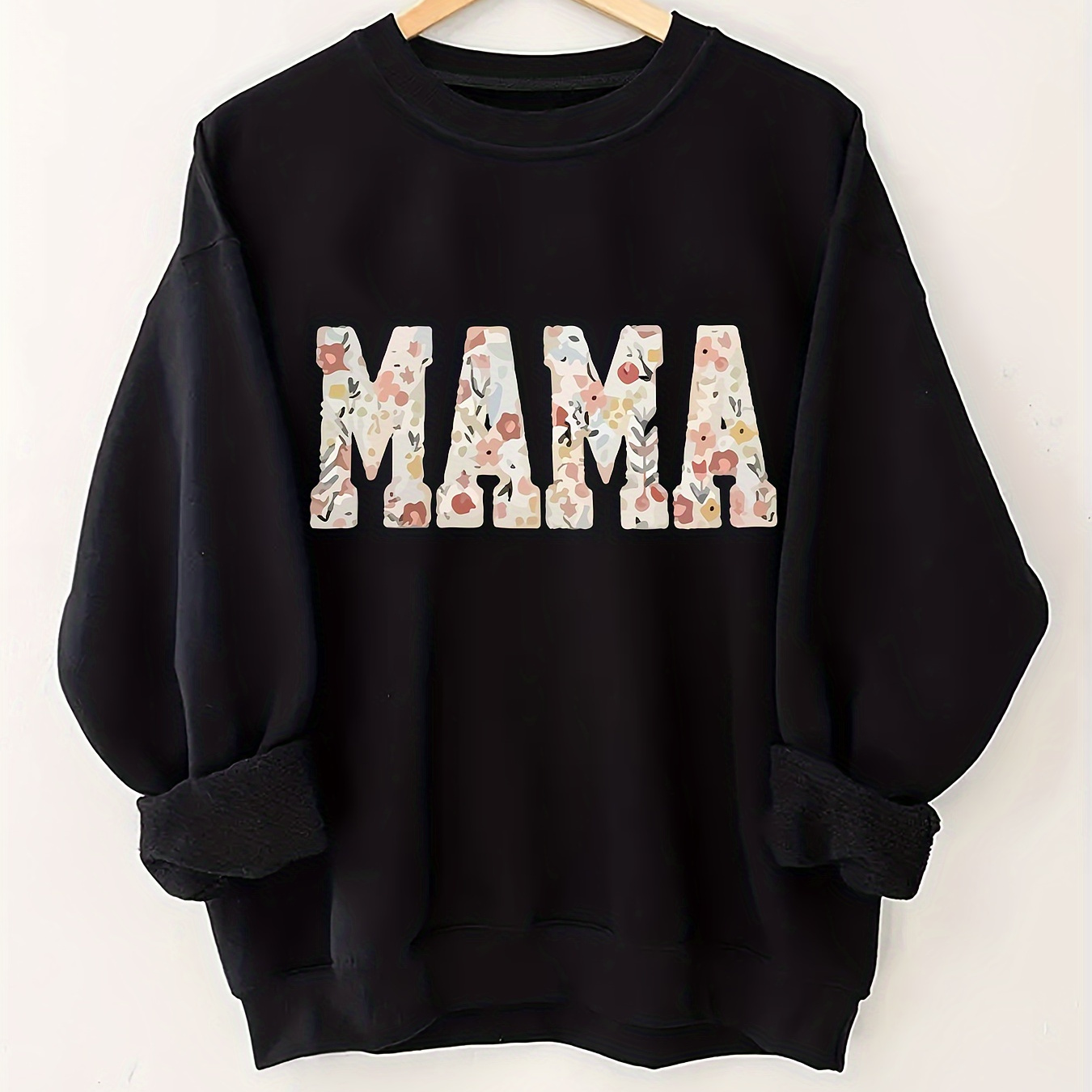 

Plus Size Mama Print Pullover Sweatshirt, Casual Long Sleeve Crew Neck Sweatshirt For Fall & Spring, Women's Plus Size Clothing