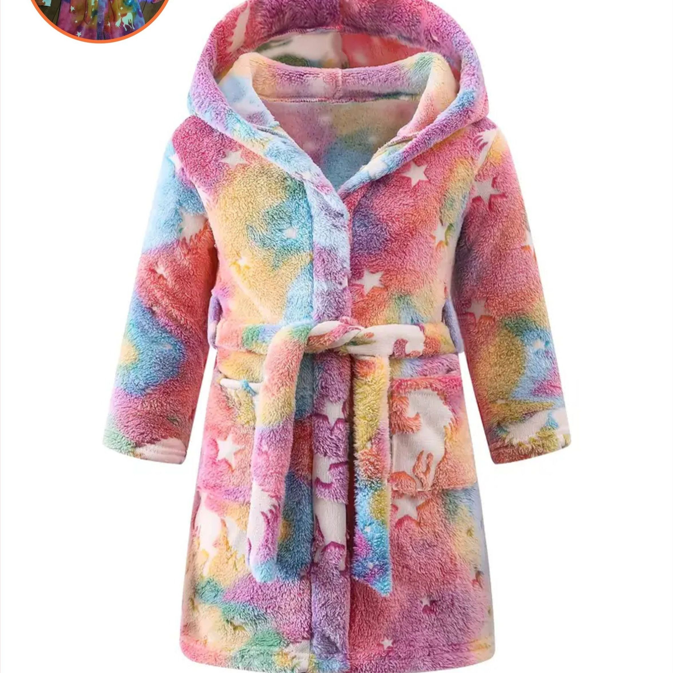 

Girl's Night Light Cute Print Plus Velvet Thickened Warm Hooded Bathrobe With Belt For Daily Wearing