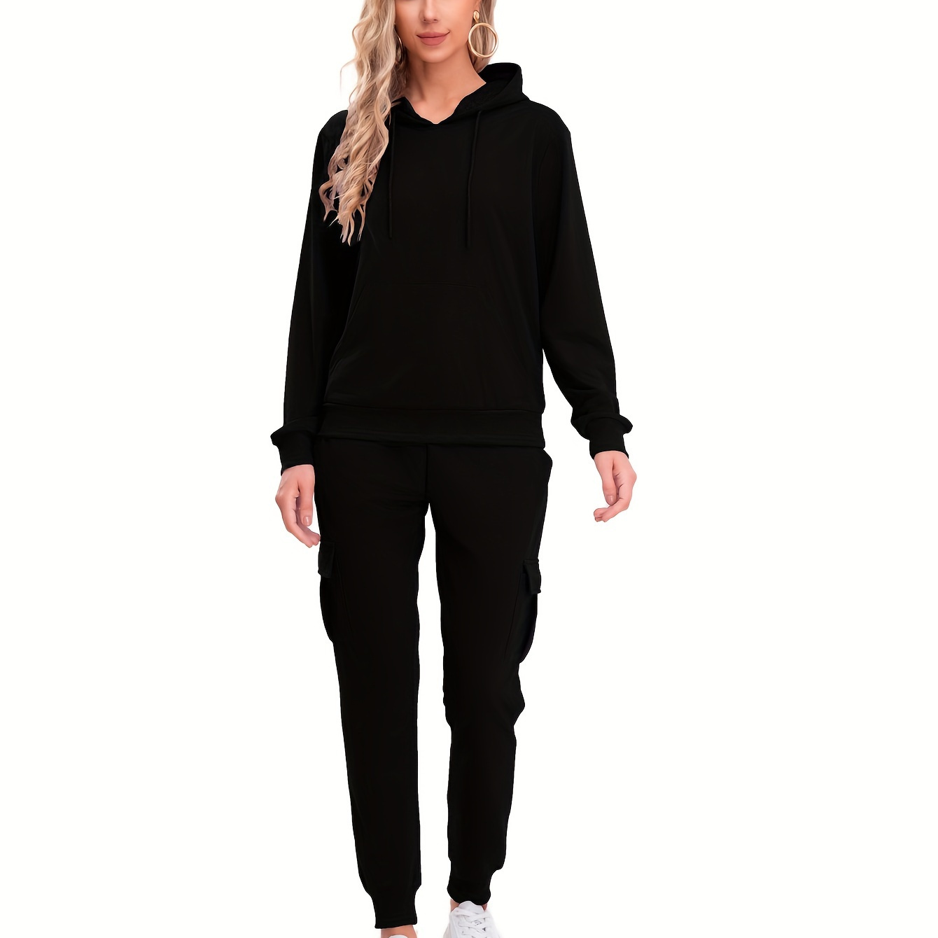 

Casual Solid Color Sportswear Pantsuits, Kangaroo Pocket Drawstring Hoodie & Jogger Sweatpants Outfits, Women's Clothing