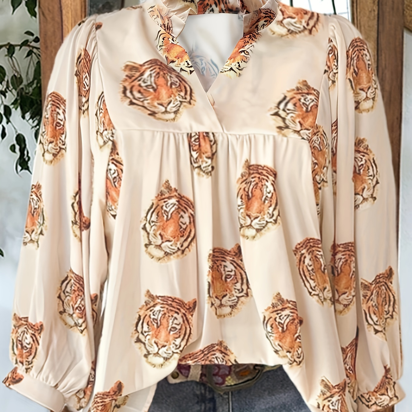 

Tiger Print Notched Neck Blouse, Casual Ruffle Trim Long Sleeve Blouse For Spring & Fall, Women's Clothing