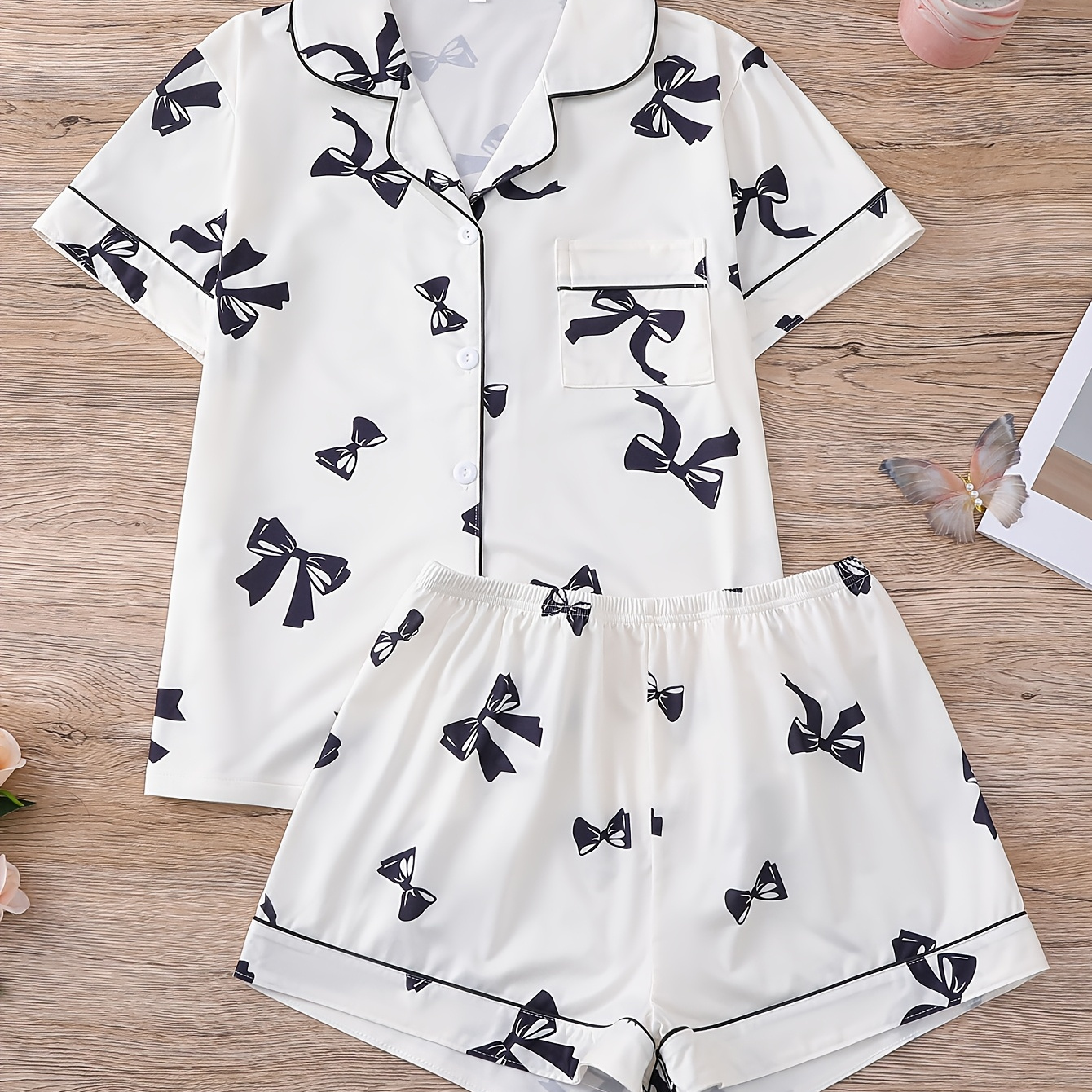 

2pcs Women's Casual Polyester Pajama Set, Short Sleeve Lapel Collar Top And Shorts, Knit Sleepwear With Print