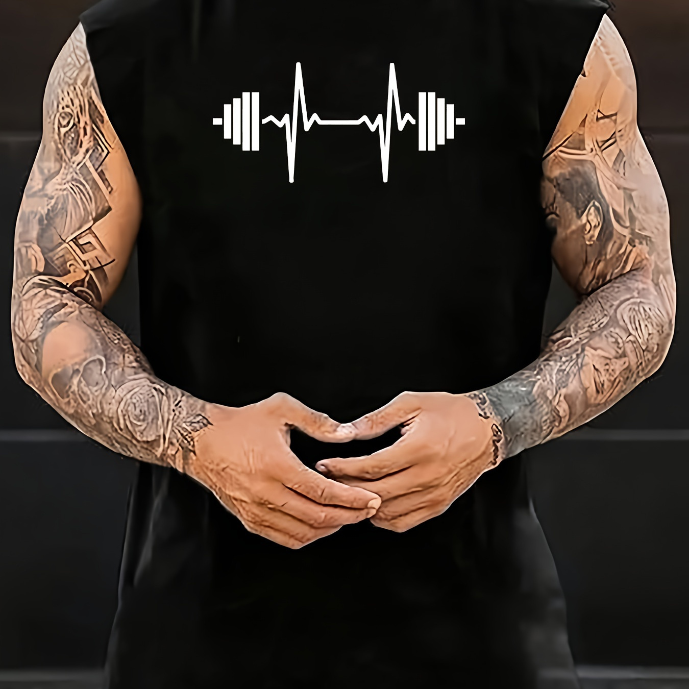 

Unique Barbell Ecg Print Plus Size Men's Tank Top, Sports Fitness Sleeveless Tee, Breathable Comfy Tops, Casual Outdoor Tops, Leisure Athletic Tops