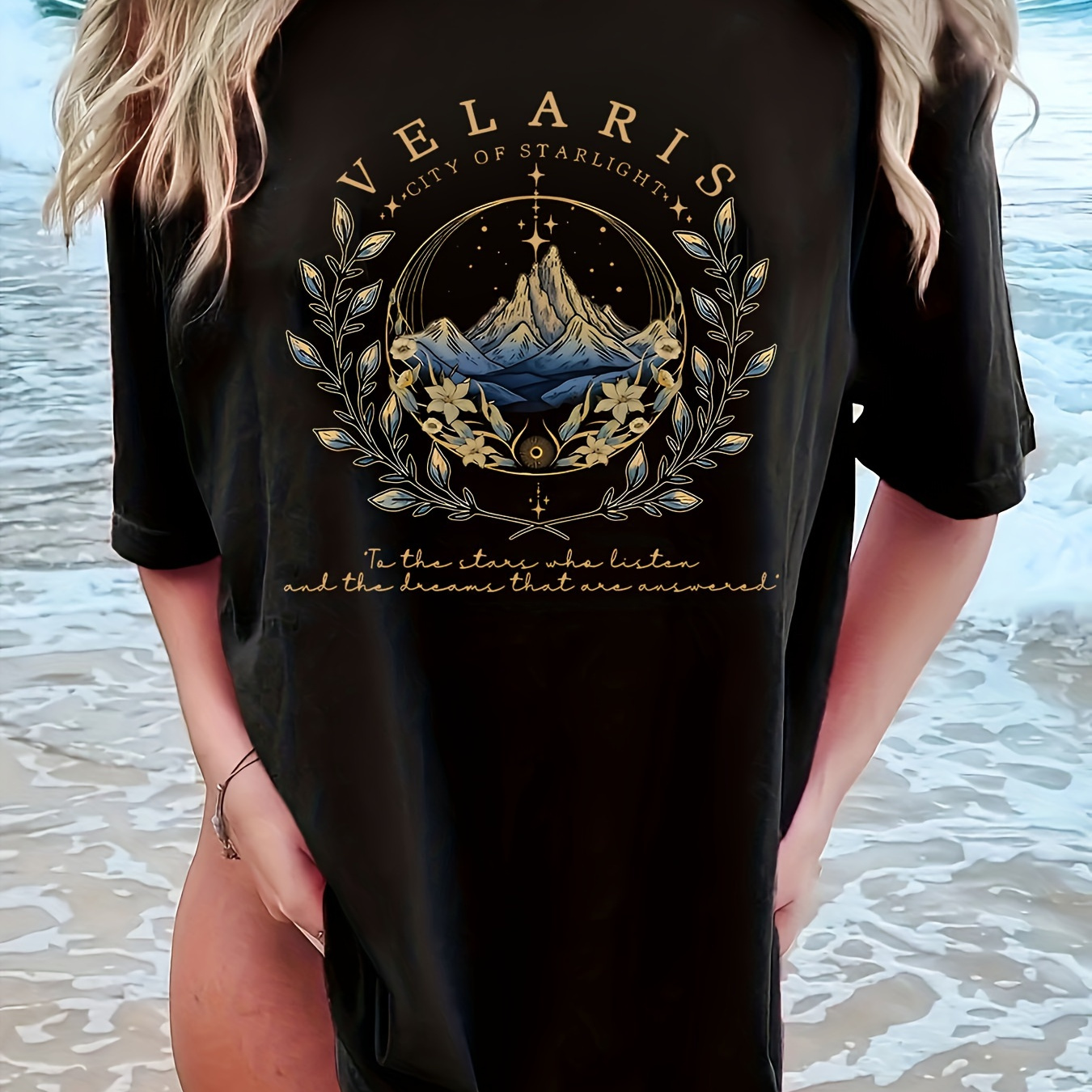 

T-shirt à imprimé de montagne, à manches courtes et à col rond, décontracté pour le printemps et l'été, vêtements pour femmes.