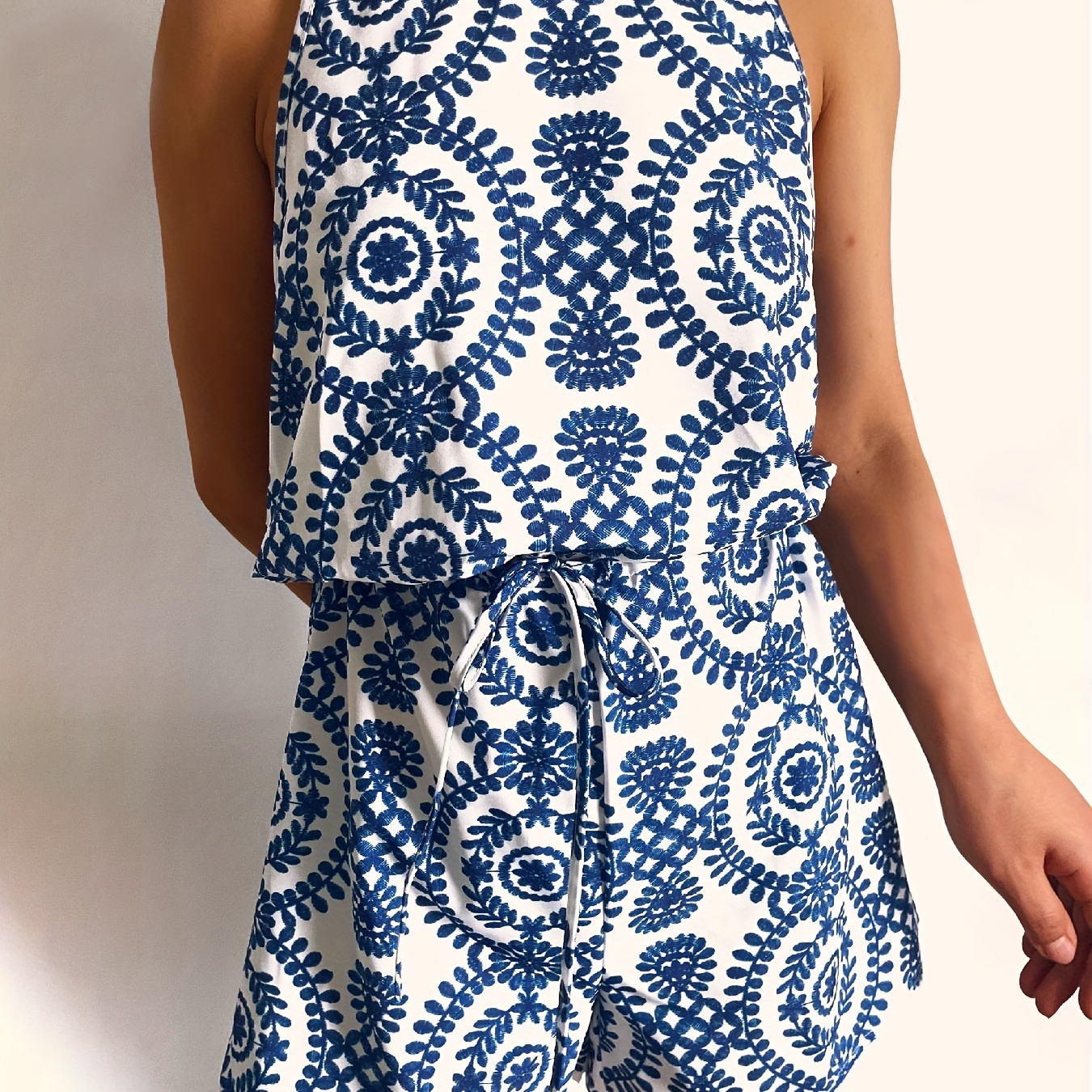 

Floral Print Halter Neck Romper Jumpsuit, Elegant Tie Waist Sleeveless Wide Leg Romper Jumpsuit, Women's Clothing