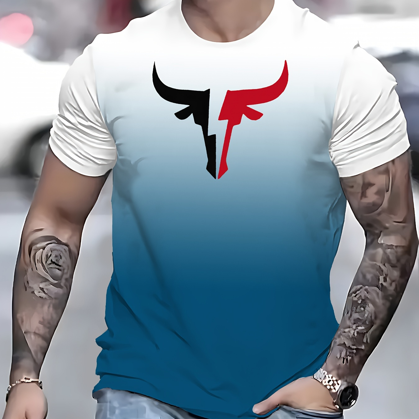 

Men' Print T-shirt, Polyester Short Sleeve Crew Neck Pullover With Slight Stretch, Casual Wear