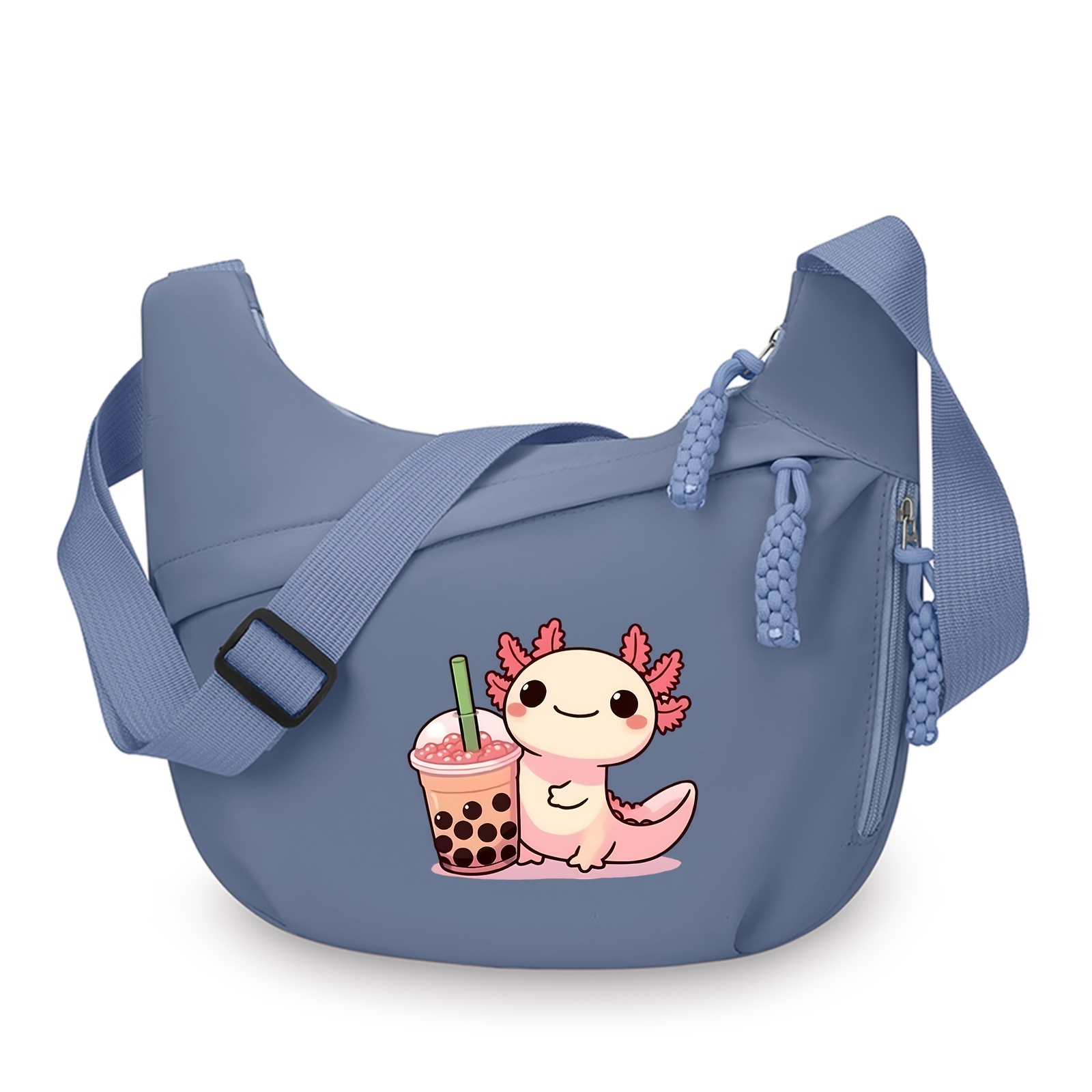 TEMU Women's Crescent Bag With Axolotl Holding Bubble Tea Pattern, Large-capacity Crossbody Bag With Double-layer Zipper Design, Featuring A Side