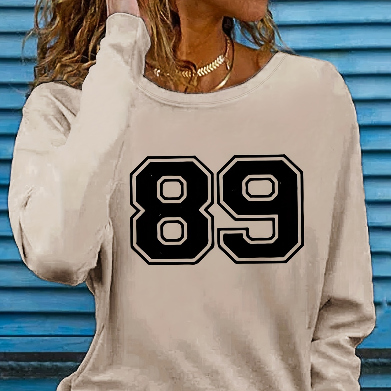 

89 Print T-shirt, Long Sleeve Crew Neck Casual Top For Spring & Fall, Women's Clothing