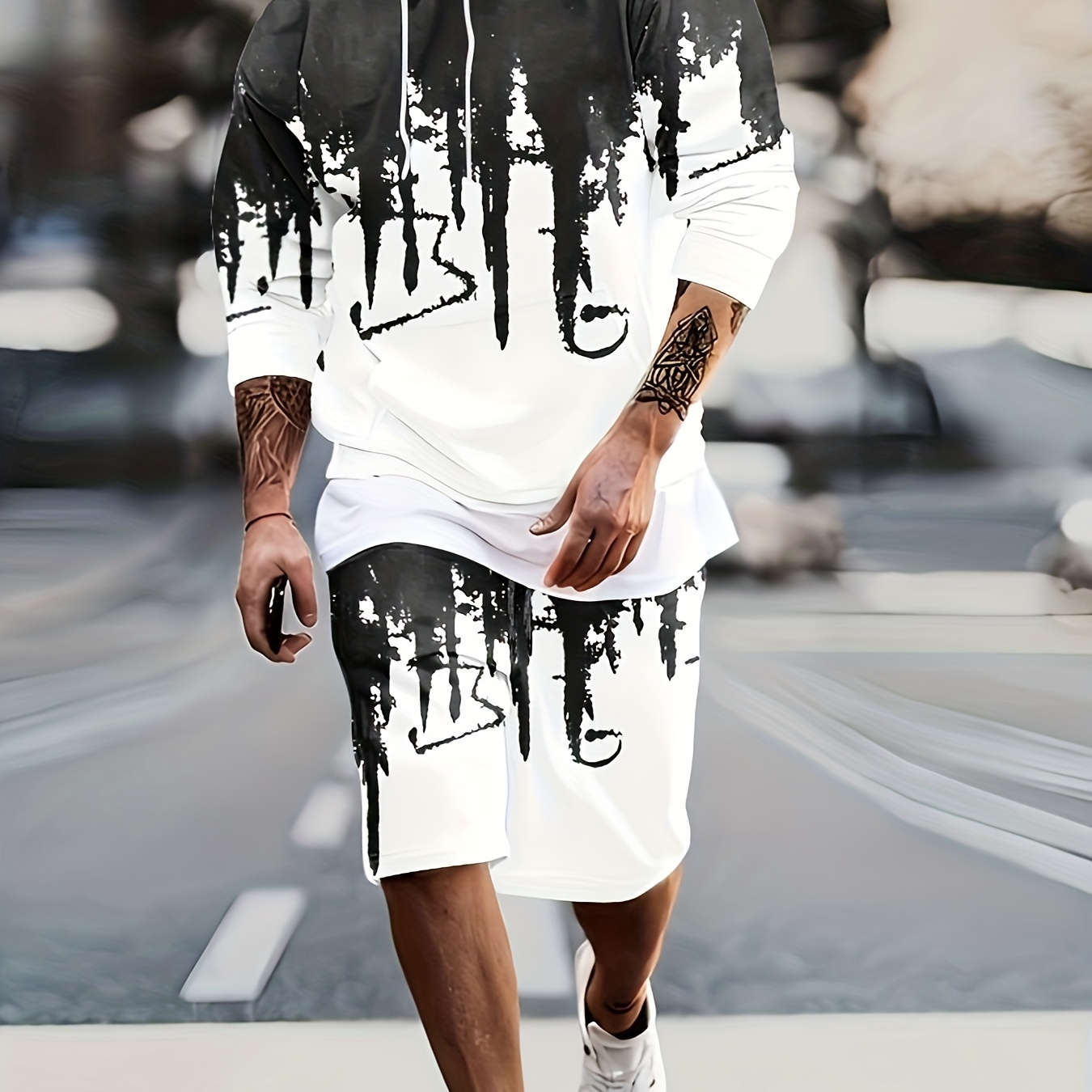 Plus Size Men's Ink Painting Print Hooded Sweatshirt Shorts - Temu