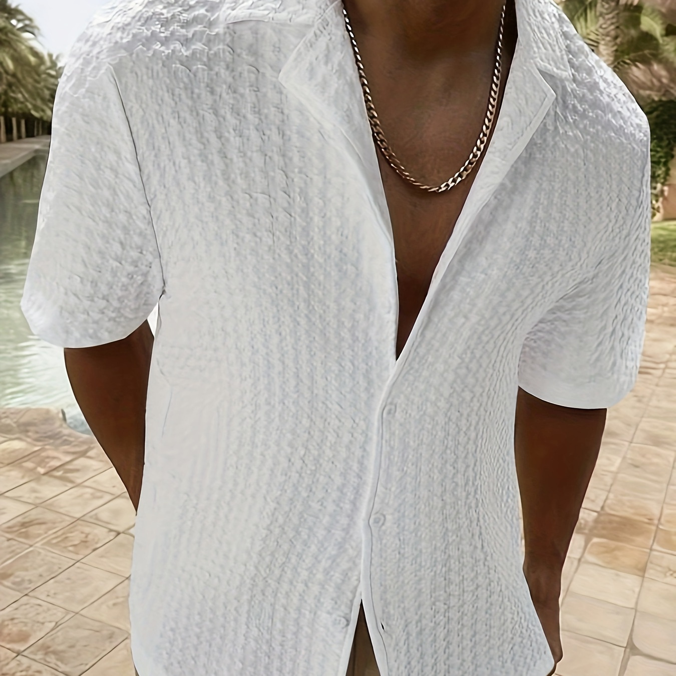 

Chemise ample unie pour homme, chemise décontractée à revers boutonnée à manches courtes pour les activités de plein air