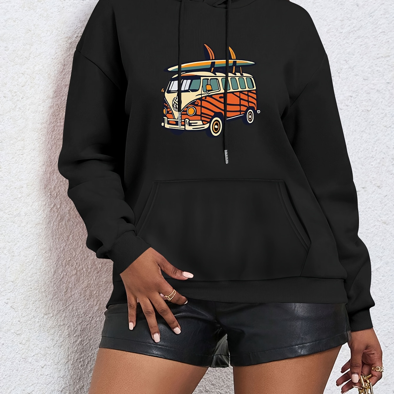 

Women's Bus Graphic Hoodie, Long Sleeve, Crew Neck Sweatshirt With Pocket, Casual Pullover, Fall & Winter Versatile Fashion