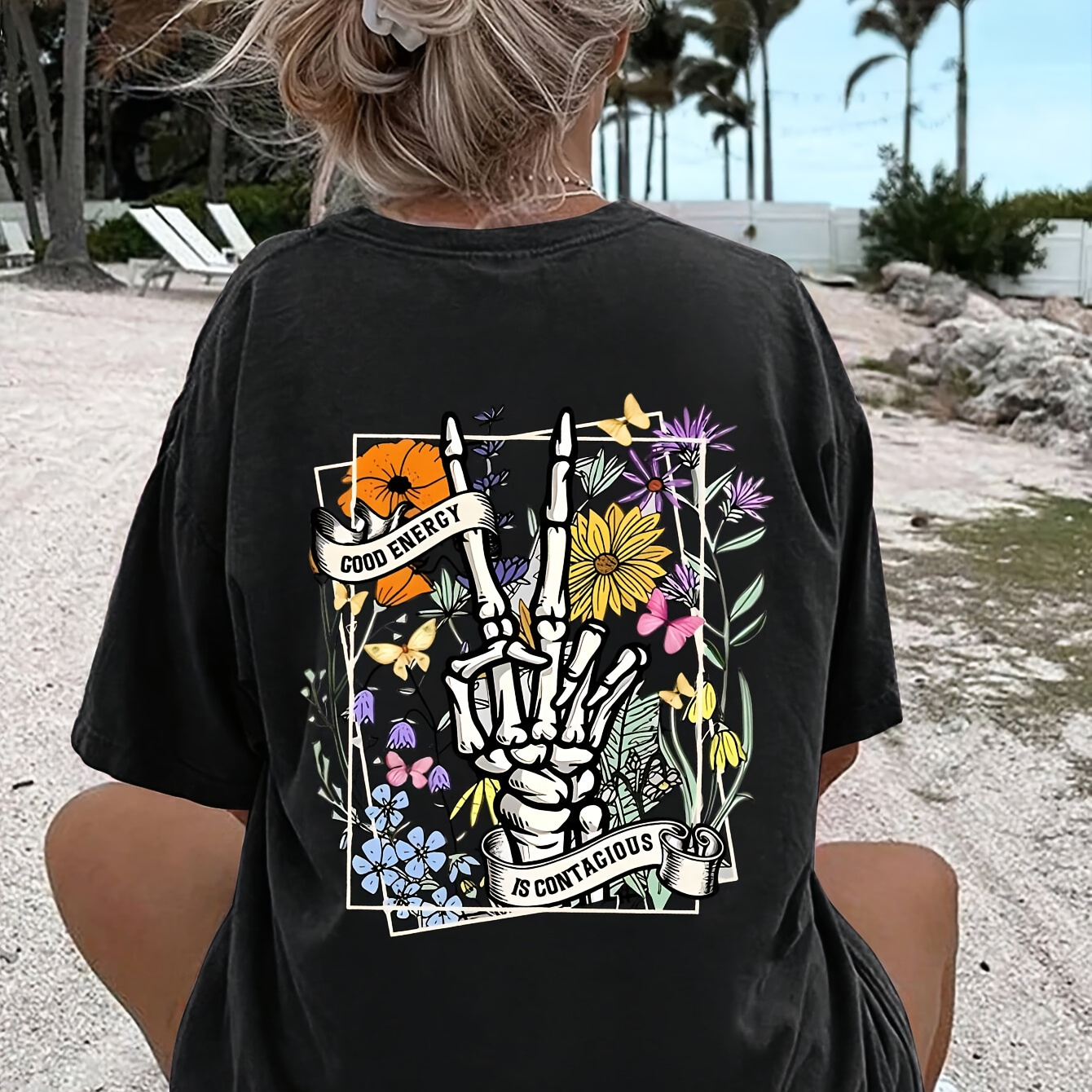 

Skull & Floral Print Drop Shoulder T-shirt, Short Sleeve Crew Neck Casual Top For Spring & Summer, Women's Clothing