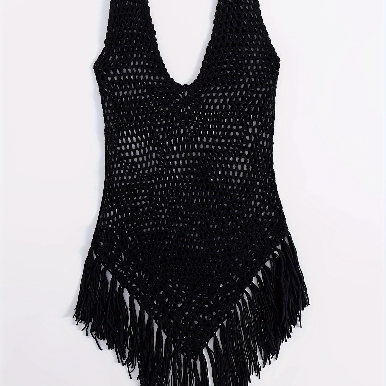 

Women's Solid Color Knit Fringe Trim Cover-up, Sexy Beachwear, V-neck Sleeveless Swimwear Accessory