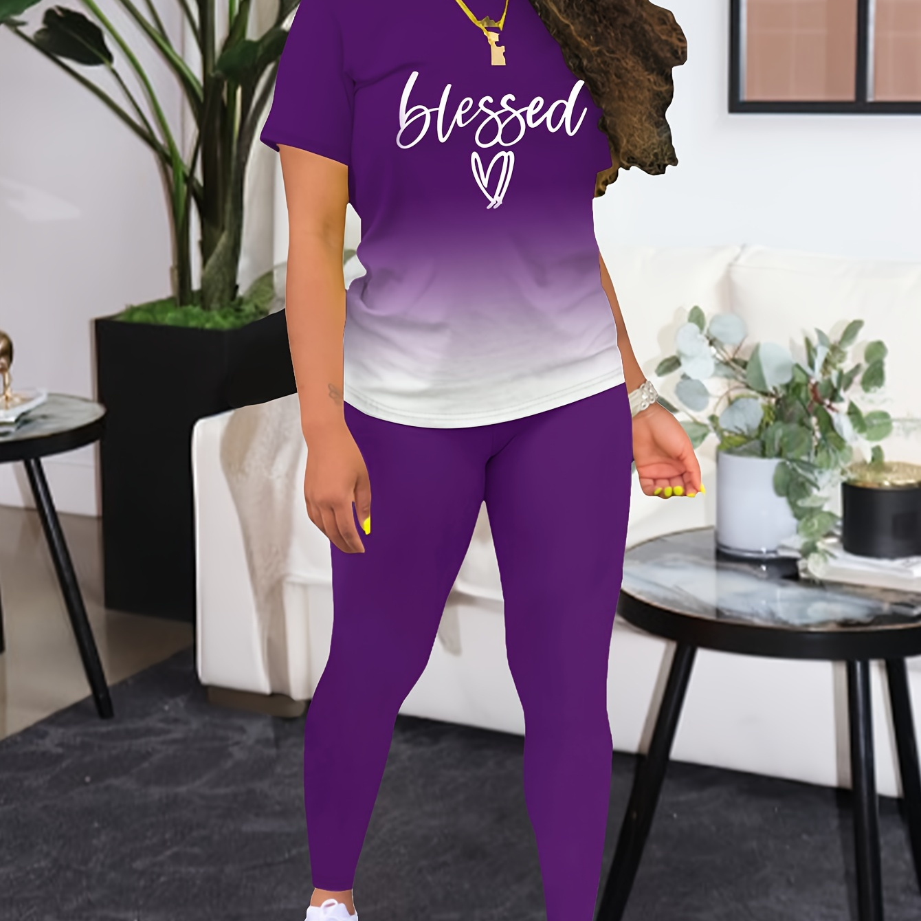 

Ensemble deux pièces décontracté IMPRIMÉ BÉNI, t-shirt à manches courtes imprimé dégradé et col rond, tenue de leggings skinny, vêtements pour femmes