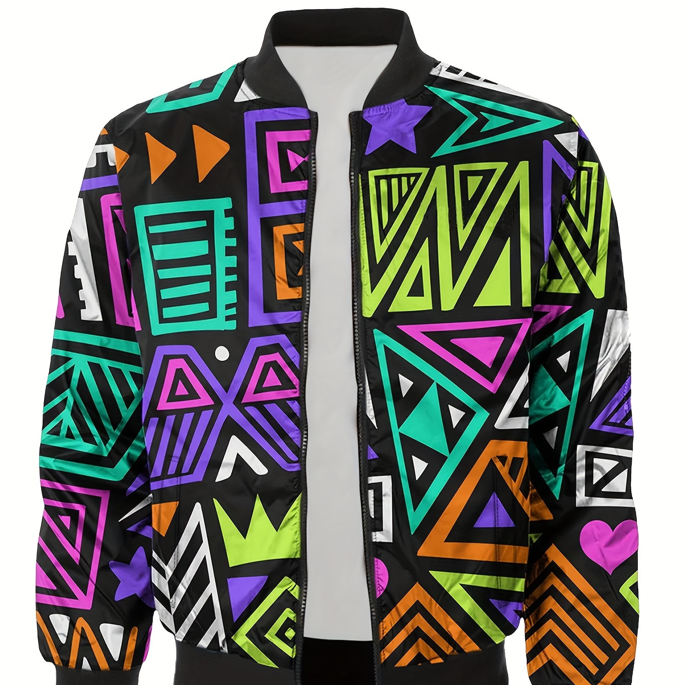 

Men's Geometric Print Softshell Jacket Casual Long Sleeve Baseball Collar Top With Pockets