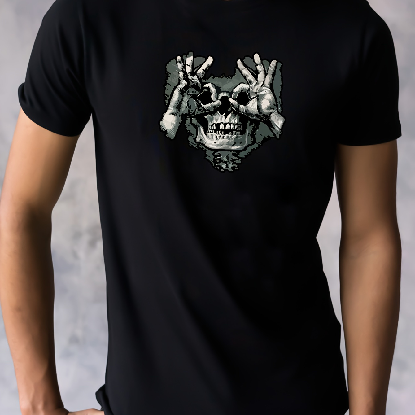 

Skull With Hand Gesture Print Men's T-shirt, Casual Short Sleeve Crew Neck Cotton Top, Men's Summer Clothing, Comfy, Breathable And Versatile Fashion