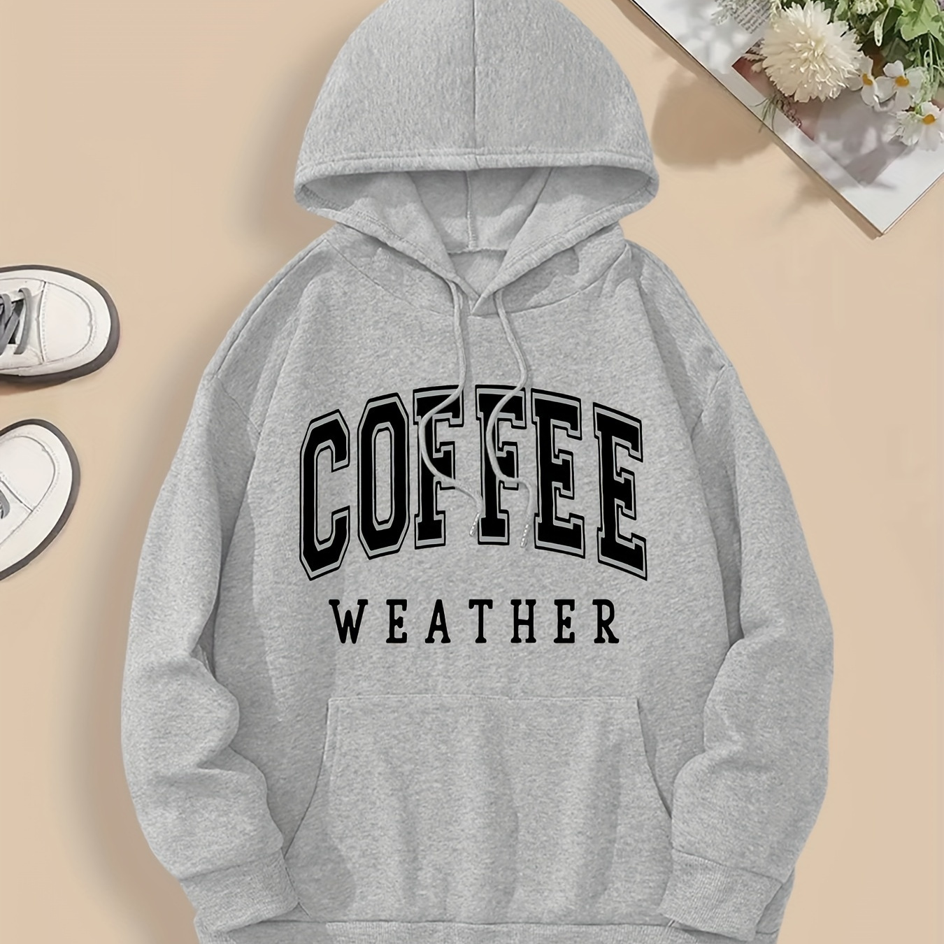 

Plus Size Casual Polyester Hoodie With Coffee Weather Slogan Print - Long Sleeve, Oversized Pullover With Pocket, Slight Stretch Knit Fabric For Fall/winter