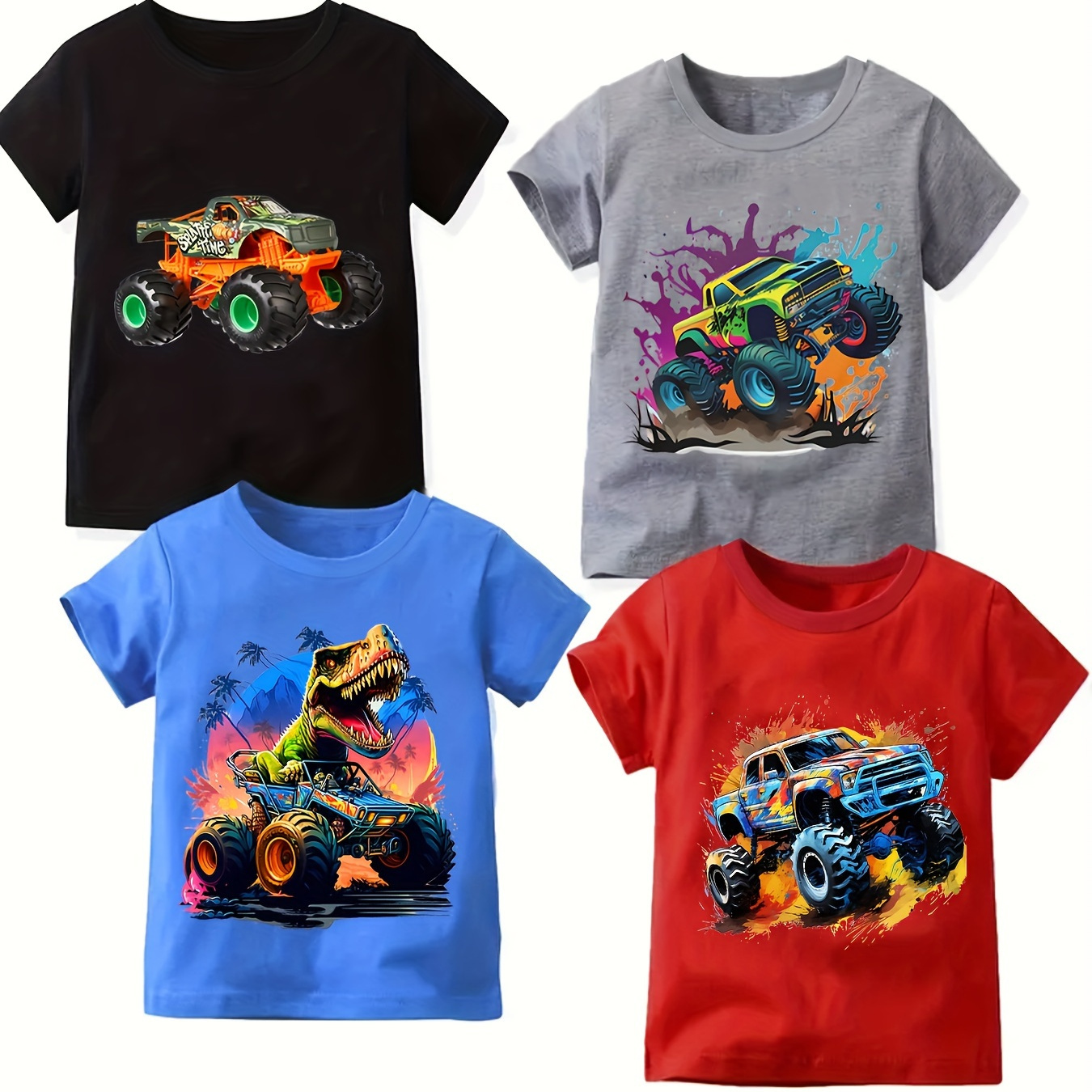 

4pcs Cool Truck Print Boy's Leisure Short Sleeve Sports T-shirt - Comfortable Summer Outdoor Clothing