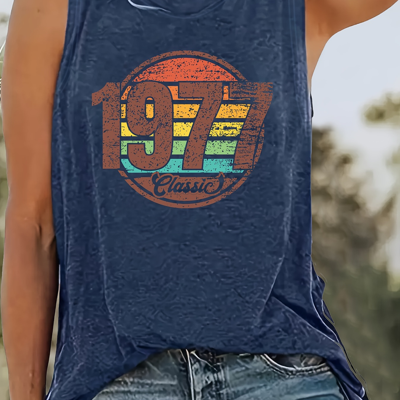 

Vintage 1977 Print Crew Neck Tank Top, Sleeveless Casual Top For Summer & Spring, Women's Clothing