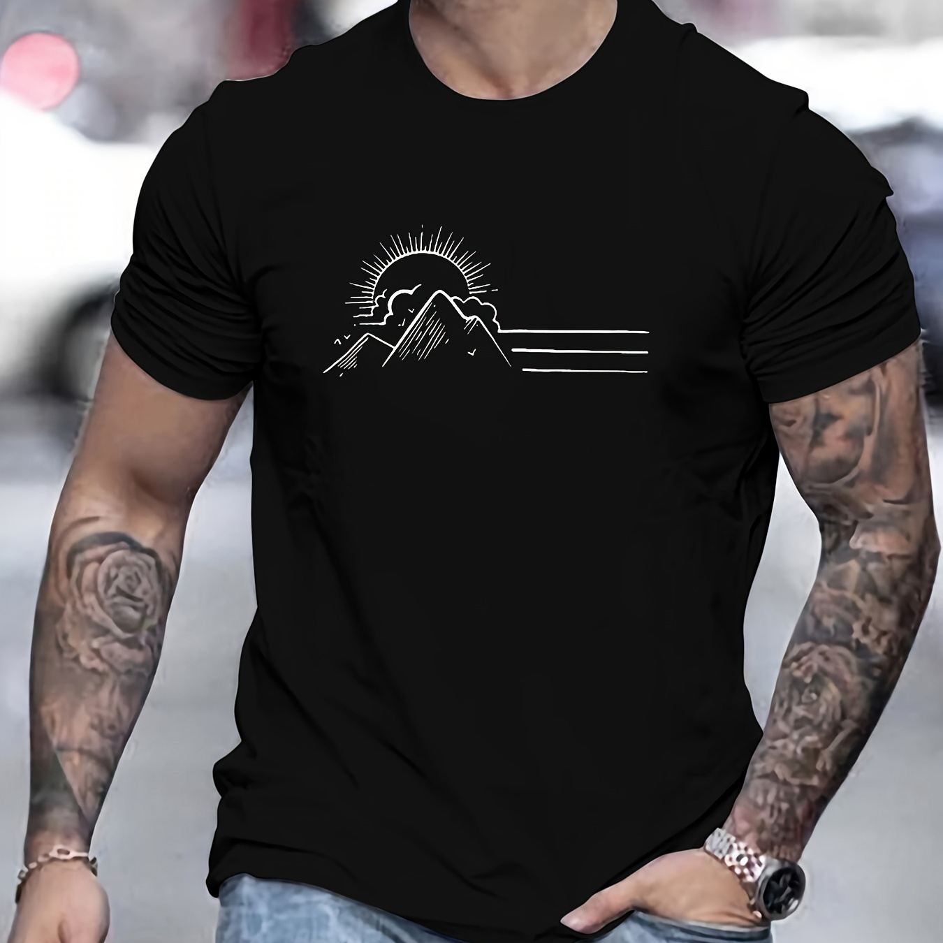 

Mountains And Sun Graphic Print Men's Creative Top, Casual Short Sleeve Crew Neck T-shirt, Men's Clothing For Summer Outdoor