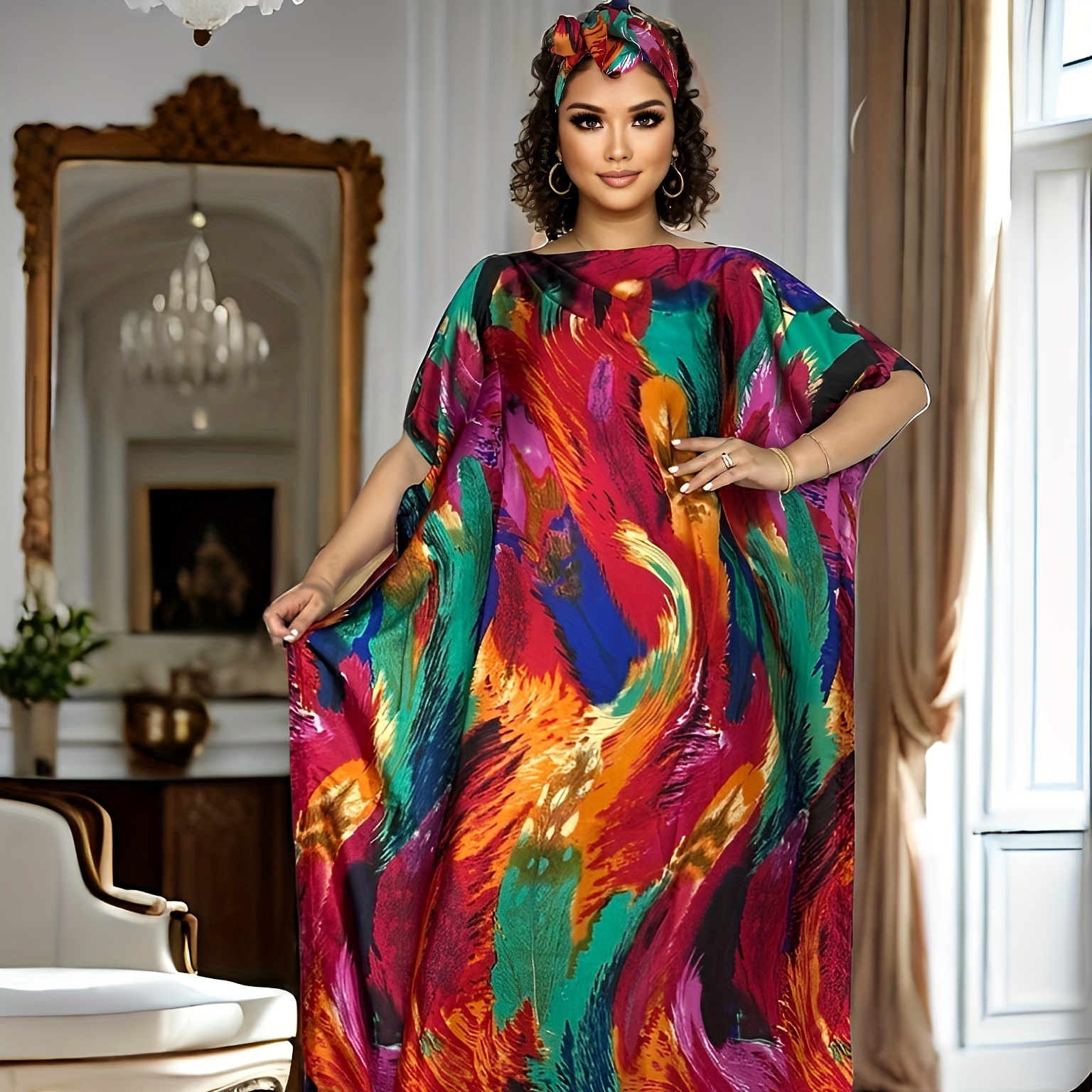 

Plus Size Allover Print Maxi Kaftan Dress, Modest Crew Neck Batwing Sleeve Dress, Women's Plus Size Clothing