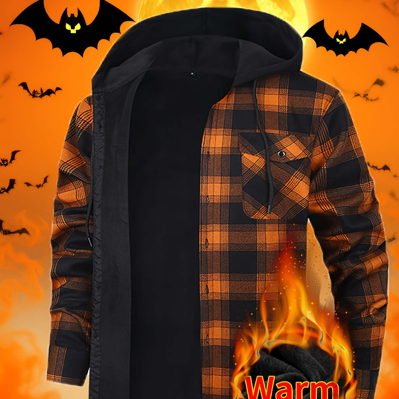 Men's Hooded Heavy Winter Jacket Plaid Shirt Jacket Plaid Workwear Long Sleeves with Pockets Cold Weather Casual Wear
