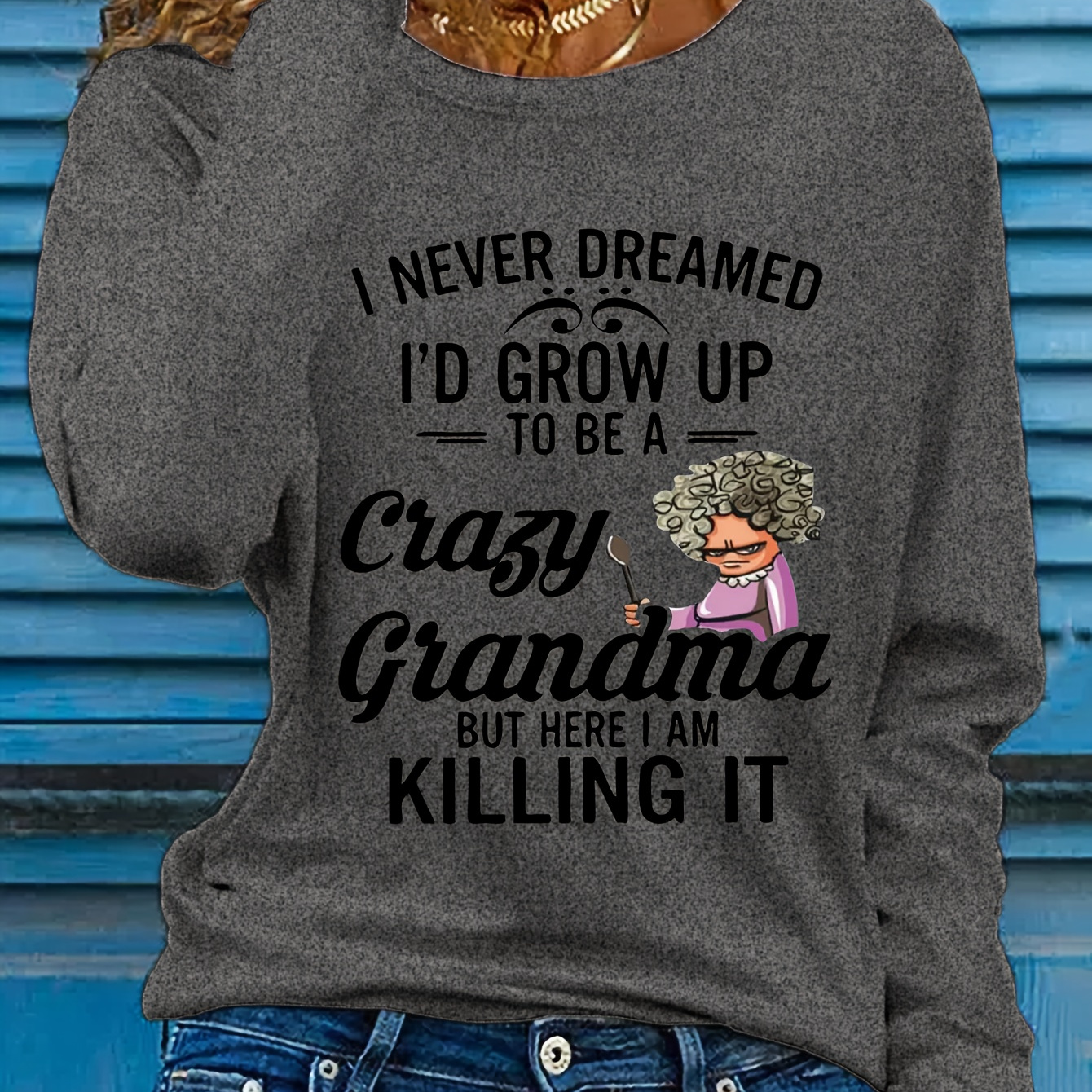 

Crazy Grandma Humor Long Sleeve T-shirt - Casual Polyester Knit Fabric With Round Neckline, Alphabet Letter Print, Regular Fit For Fall Season - Unique Embellished Design